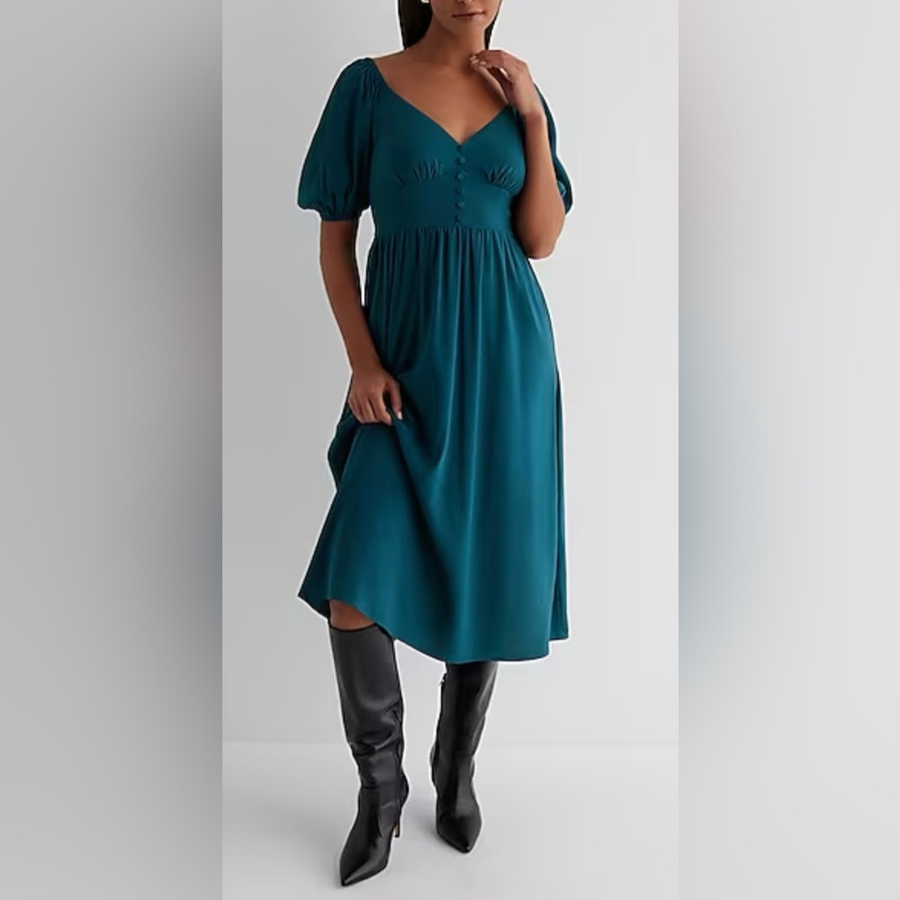 V-Neck Puff Sleeve Button Front Tie Back Midi Dress